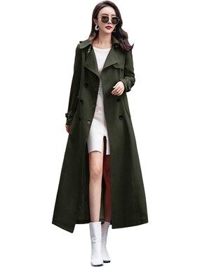 Women's Army Green Double Breasted Duster Slim Long Sleeve Overcoat Trench Coat